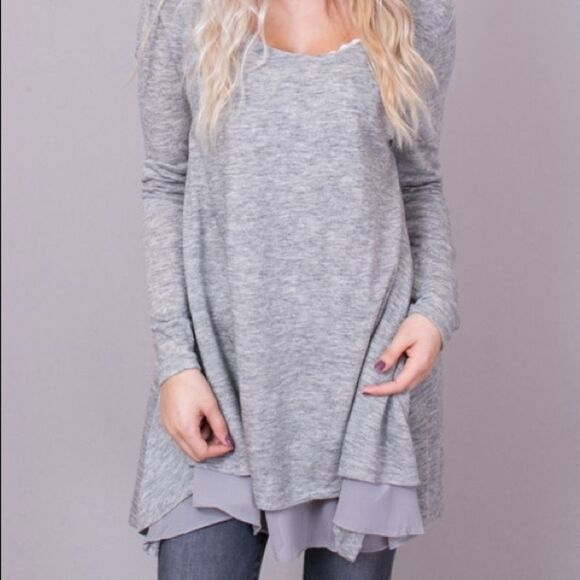 Umgee Heather Grey chiffon Layered Flare Tunic - Picture 2 of 8
